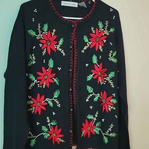 Victoria Jones Christmas Sweater Sz Large Poinsettia Beaded Embroidery